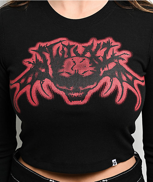 Ed Hardy Flaming Tiger Black Long Sleeve Crop T-Shirt