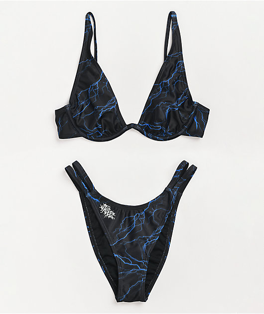 SWIXXZ Blue Thunder top de bikini de triángulo negro con aros