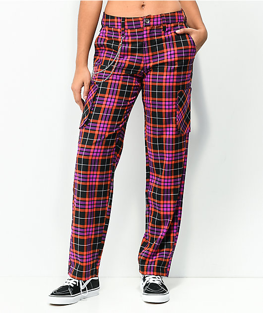 Purple Plaid Pants With Detachable Chain