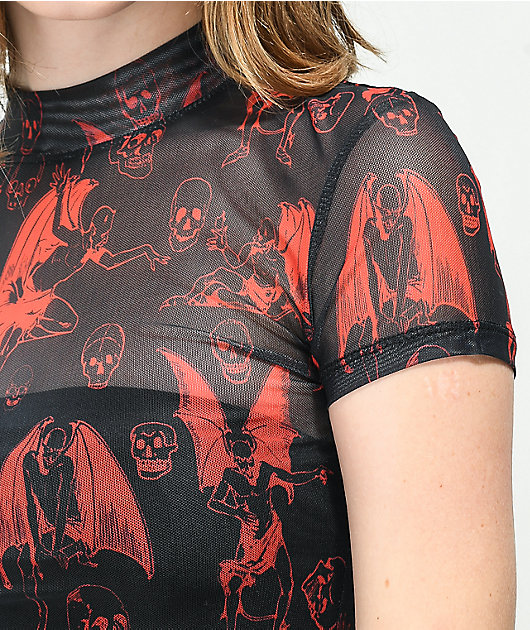 SWIXXZ Gargoyle Skull Black & Red Mesh Top