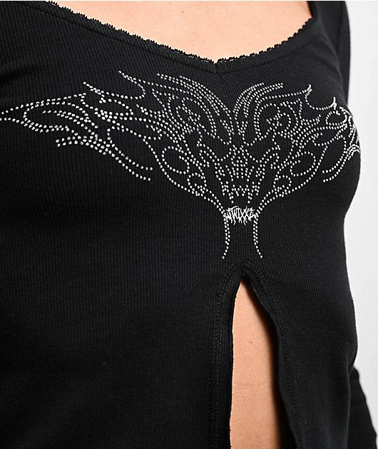 SWIXXZ Rhinestone Flyaway Black Long Sleeve T-Shirt | Zumiez