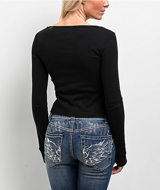 SWIXXZ Rhinestone Flyaway Black Long Sleeve T-Shirt | Zumiez