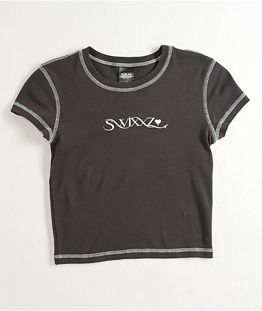 トップス rhinestone crop sweat (gray) SWIXXZ Rhinestone Wings Grey Crop T-Shirt | Zumiez