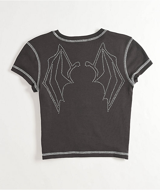 SWIXXZ Rhinestone Wings Grey Crop T-Shirt | Zumiez
