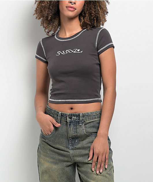 トップス rhinestone crop sweat (gray) SWIXXZ Rhinestone Wings Grey Crop T-Shirt | Zumiez