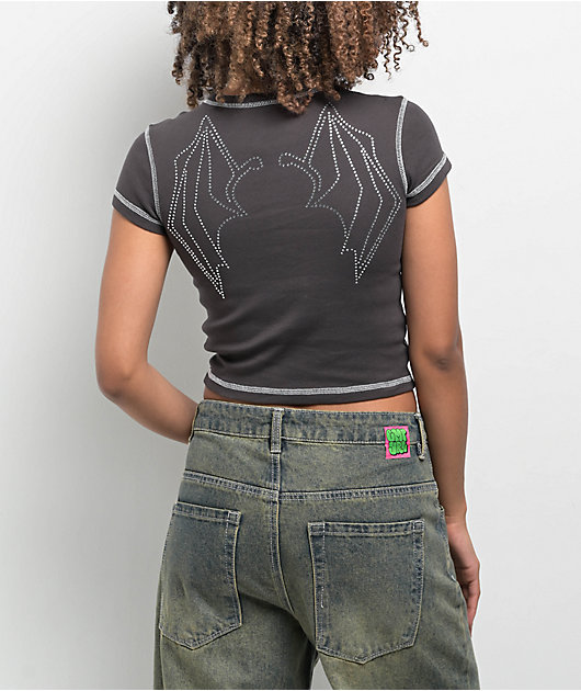 トップス rhinestone crop sweat (gray) SWIXXZ Rhinestone Wings Grey Crop T-Shirt | Zumiez