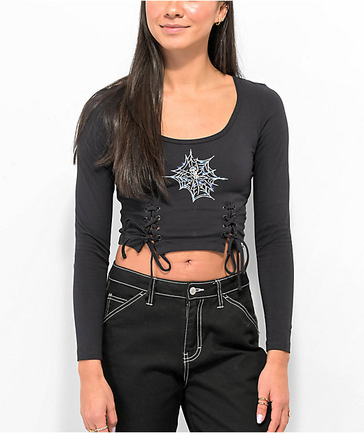 SWIXXZ Spider Lace Up Black Long Sleeve Crop T-Shirt