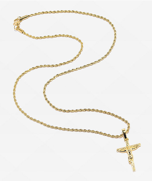 Saint Midas Micro Crucifix Pendant 20" Gold Chain Necklace