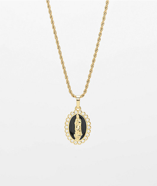 Saint Midas Obsidian Mother Mary 20" Gold Necklace