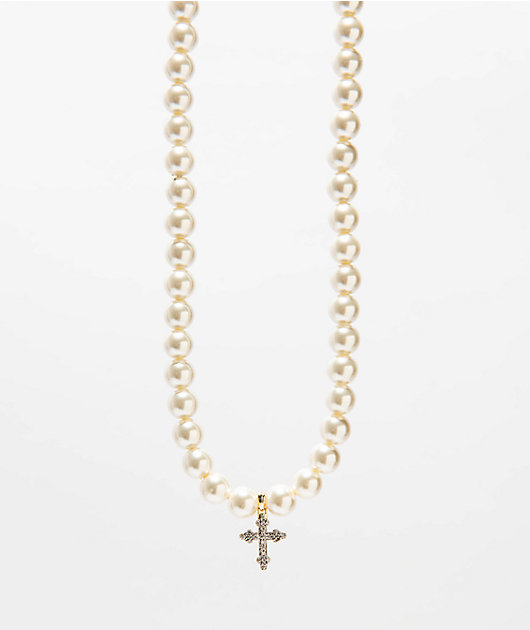 Saint Midas Pearl Chain 18" Diamond Cross Necklace