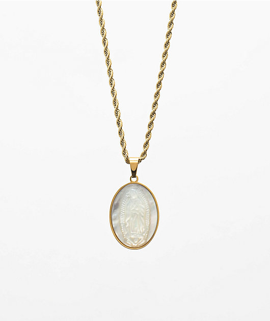 Saint Midas Pearlescent Mother Mary 20" Gold Chain Necklace