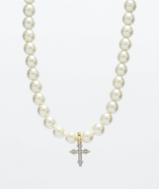 Saint Midas collar de cadena de perlas y diamantes en forma de cruz