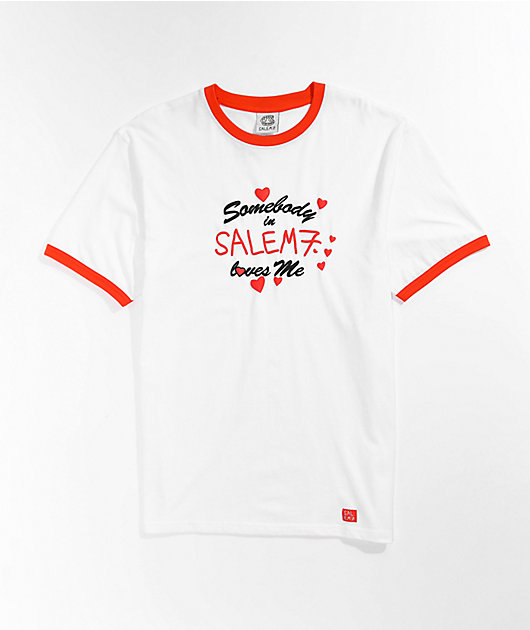 Salem7 Love Me Puff Print camiseta blanca Ringer