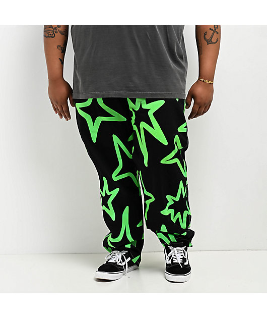 Salem7 Neon Star Black & Green Denim Jeans