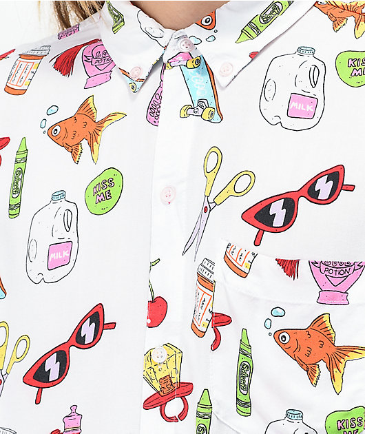 Salem7 Sticker White Short Sleeve Button Up Shirt