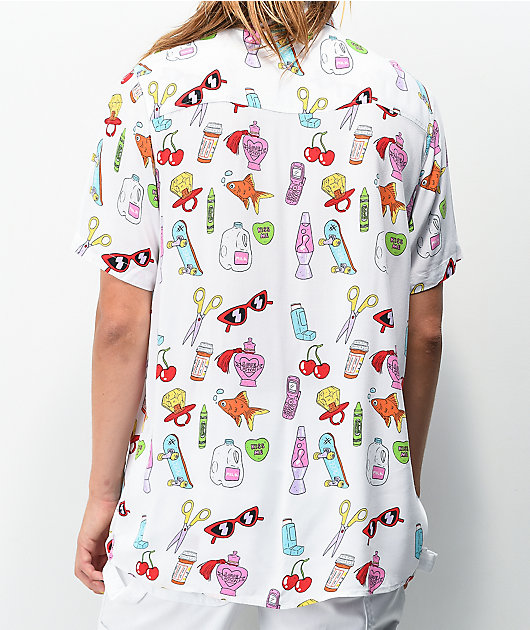 Salem7 Sticker White Short Sleeve Button Up Shirt