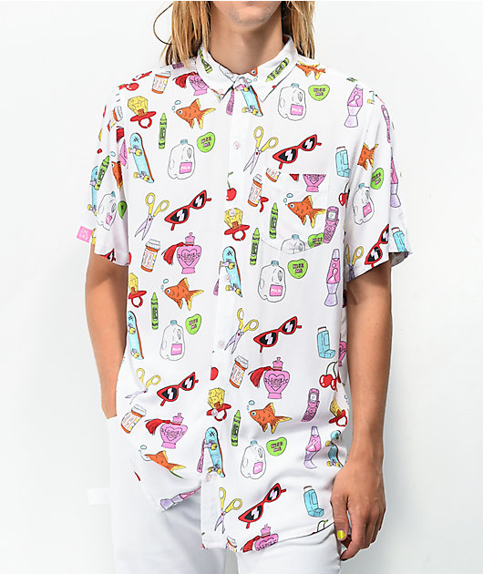Salem7 Sticker White Short Sleeve Button Up Shirt