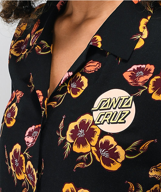Santa Cruz Cali Poppy Black Short Sleeve Button Up Shirt