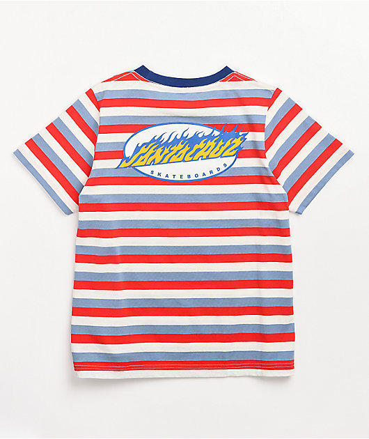 Santa Cruz Oval Flame Dot Blue, Red & White Stripe T-Shirt