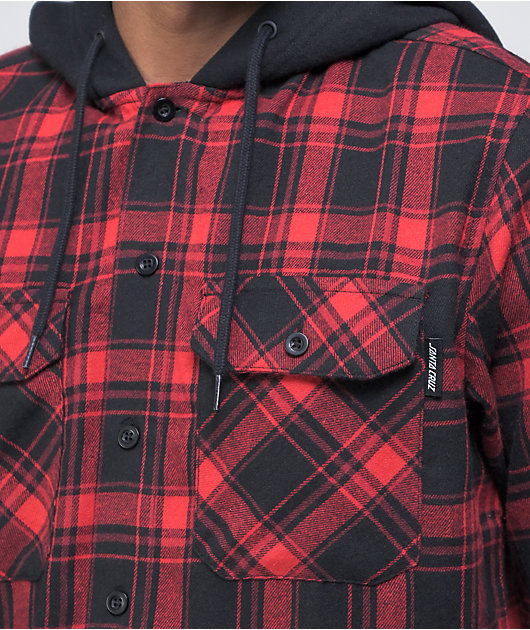 【XLサイズ】SD SANTACRUZ FLANNEL SHIRT / RED Santa Cruz Strip Red & Black Hooded Flannel Shirt | Zumiez