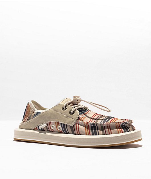 Sanuk Boaties ST Print Beige Khaki Coastal Stripe Boat Shoes Zumiez