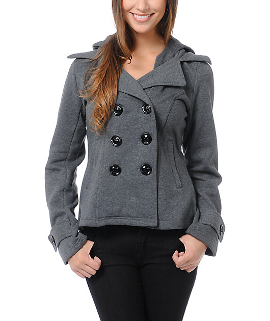 Sebby Charcoal Grey Fleece Hooded Pea Coat | Zumiez