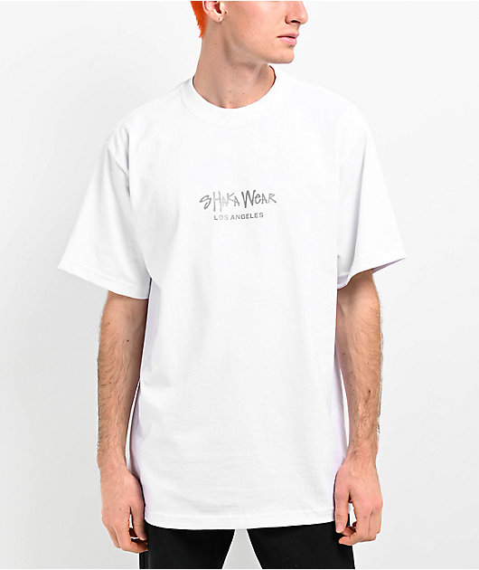 Men's Curved Hem T-Shirt - White Shaka Logo – South Bay Board Co.