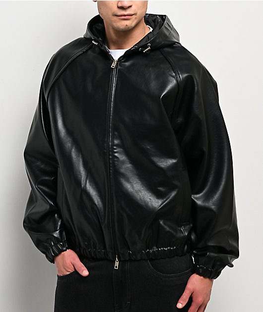 Shaka Wear Patent Leather Black Hooded Bombed Jacket