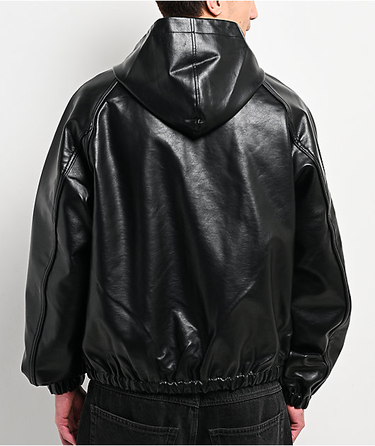 Shaka Wear Patent Leather Black Hooded Bombed Jacket