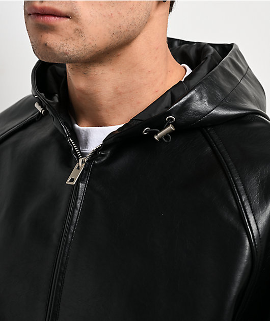 Shaka Wear Patent Leather Black Hooded Bombed Jacket
