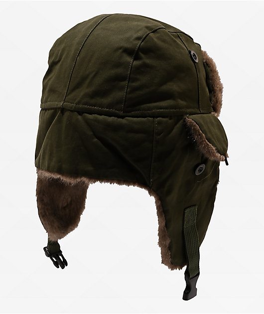 帽子 imozonsavingclothing Sheisty Trapper Dark Green Canvas & Fur Hat | Zumiez