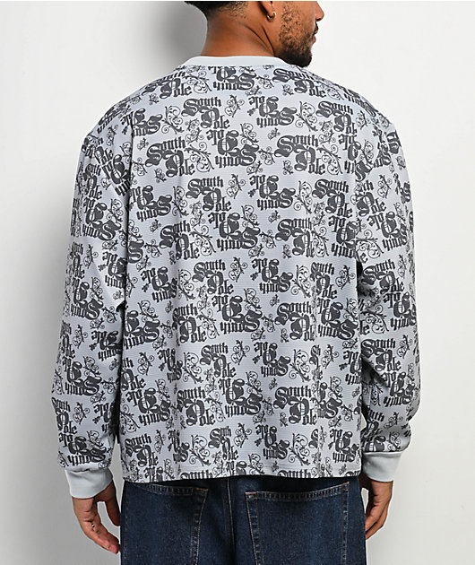 Southpole Allover Grey Thermal Long Sleeve Boxy Crop T-Shirt