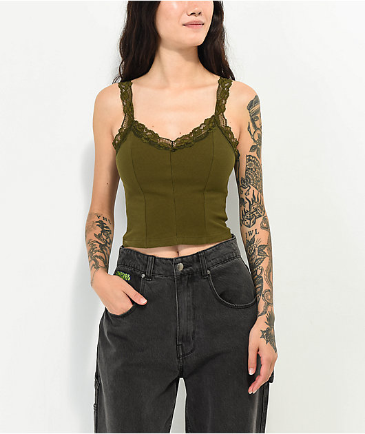 Shadowplay Lace Keyhole Crop Top in Green