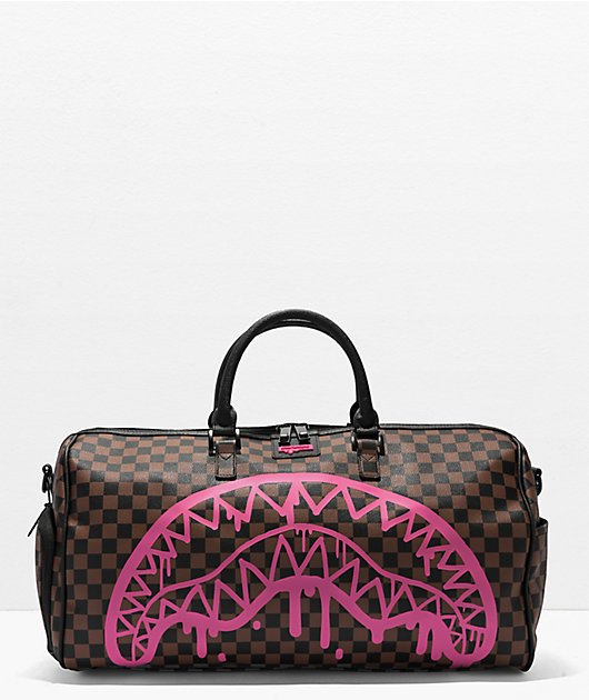 Sprayground Pink Drip Brown Checkered Duffle Bag