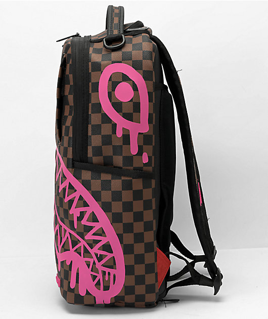 Sprayground Pink Drip Brown Checkered Duffle Bag