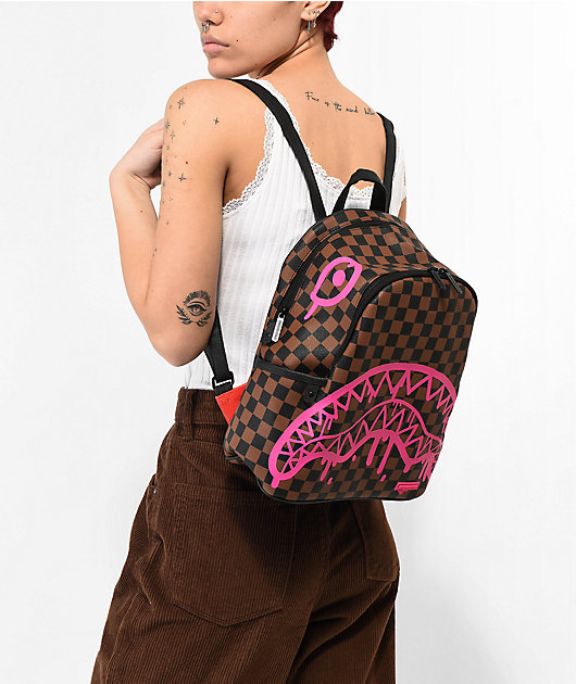 Sprayground Pink Drip Savage Brown Black Checkered Mini Backpack Zumiez