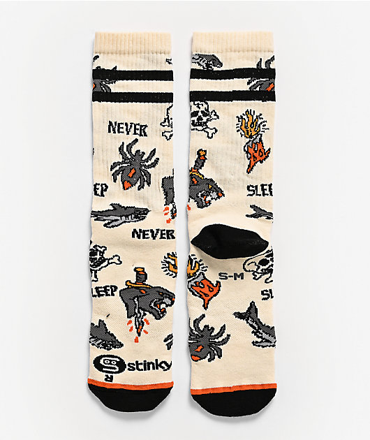 Stinky Socks Never Sleep Beige Crew Socks