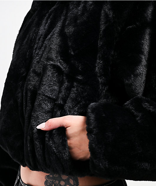 Stitch Fusion Black Faux Fur Crop Zip Jacket | Zumiez