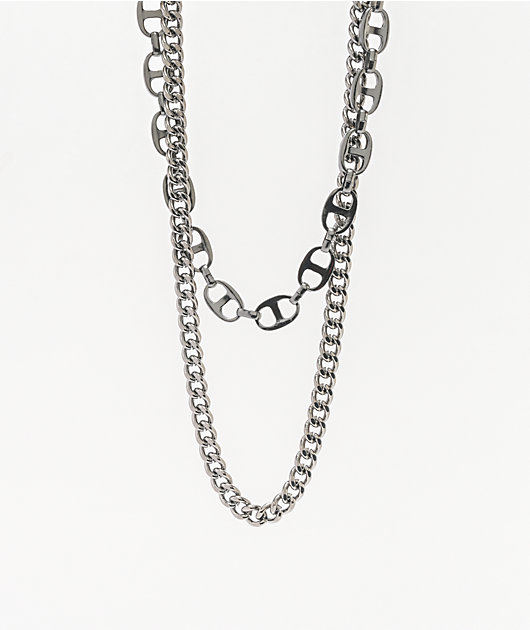 Stone + Locket Bottle Cap Gunmetal Double Chain Necklace