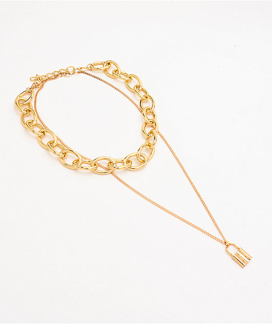 Stone + Locket Chunky Gold & Padlock 2 Pack Chain