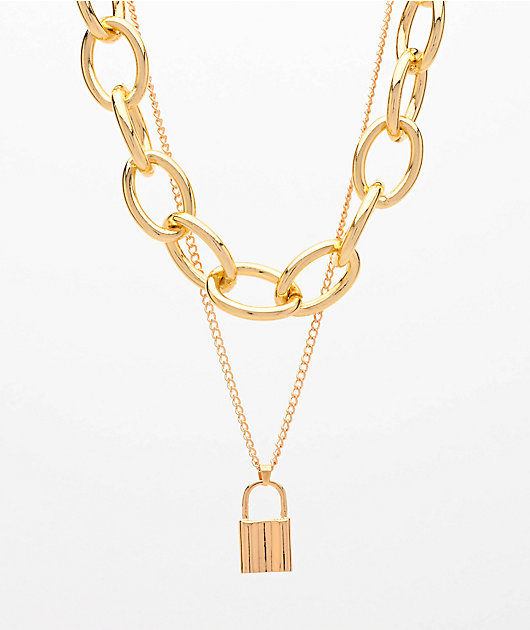 Stone + Locket Chunky Gold & Padlock 2 Pack Chain
