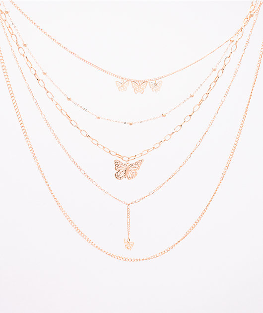 Download Stone Locket Layered Butterfly Rose Gold Chain Necklace Zumiez