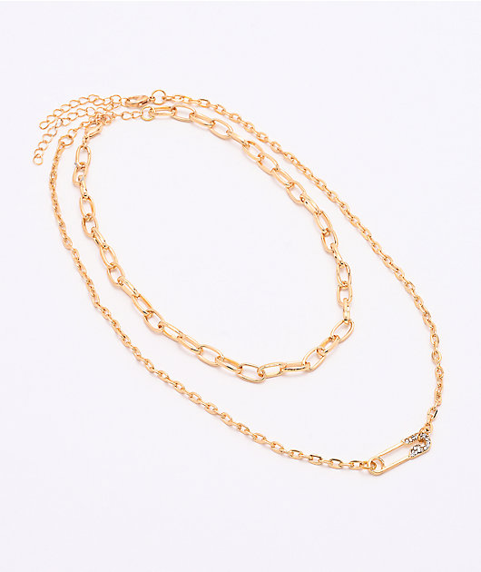 Stone + Locket Safety Pin Gold 2 Pack Necklaces