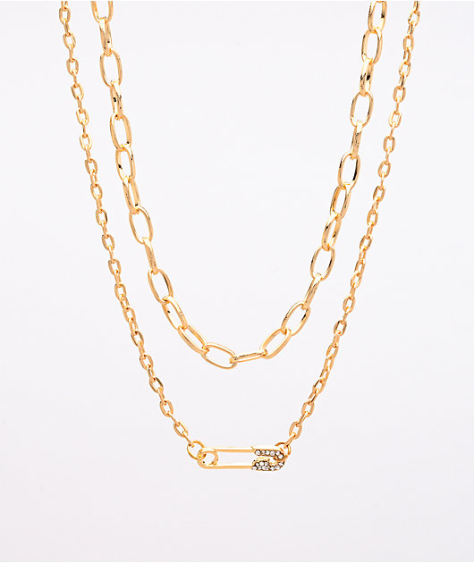 Stone + Locket Safety Pin Gold 2 Pack Necklaces
