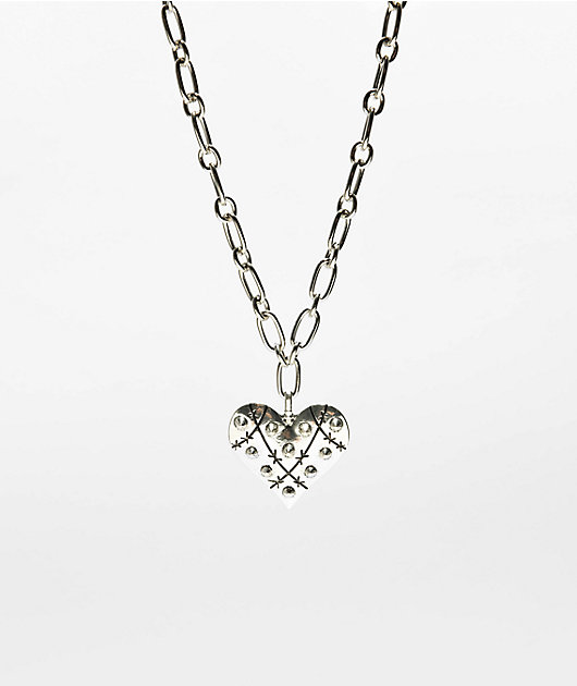 Stone + Locket Spiked Heart 16" Silver Necklace