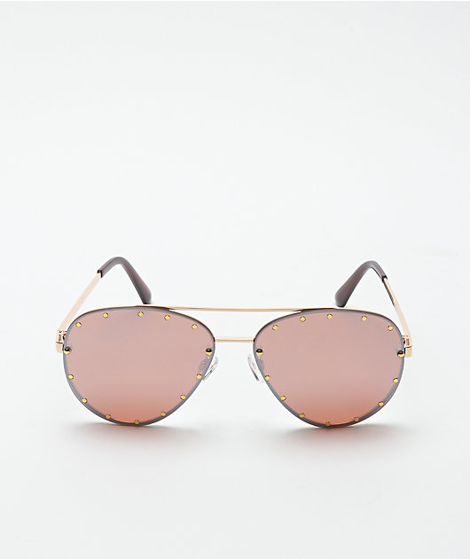 Studded Brown & Gold Pilot Sunglasses
