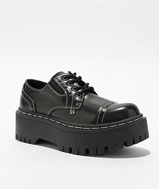 T.U.K. Burnished Contrast Stitch Double Decker Brogue Black