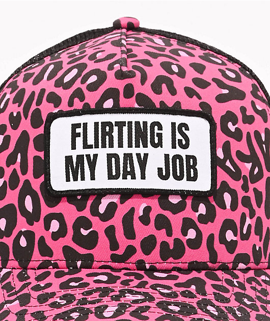 Tara Yummy Flirting Is My Day Job Pink & Black Cheetah Print Trucker Hat