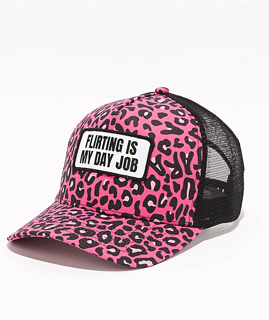 Tara Yummy Flirting Is My Day Job Pink & Black Cheetah Print Trucker Hat