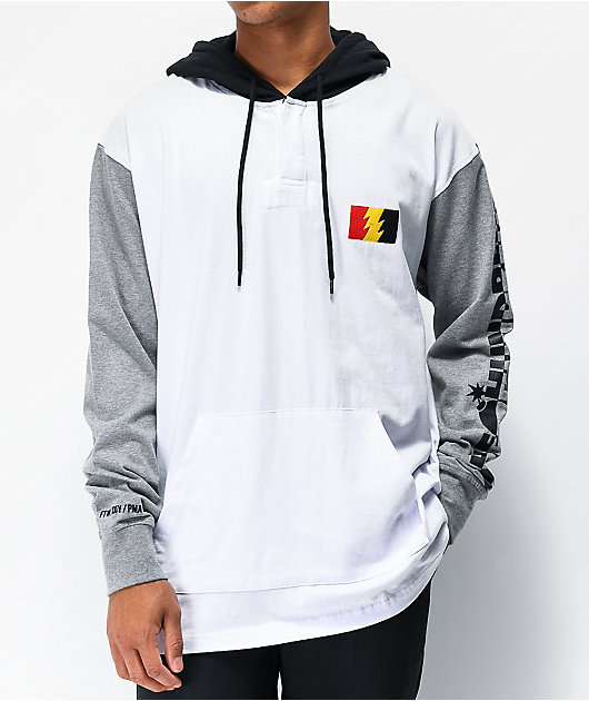 white hooded long sleeve shirt